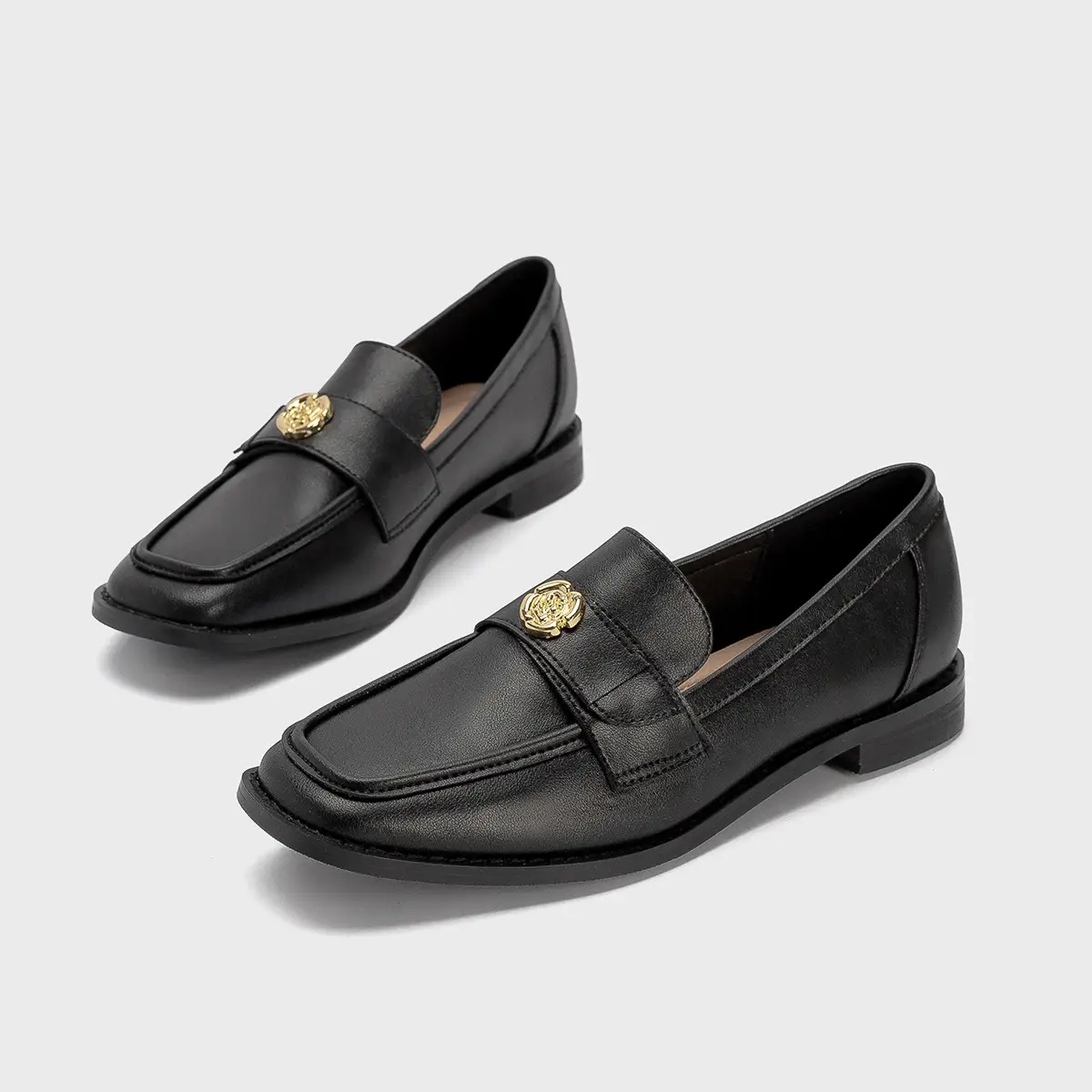 Women's Black Gold Coin Slip-on Loafers Low Heel