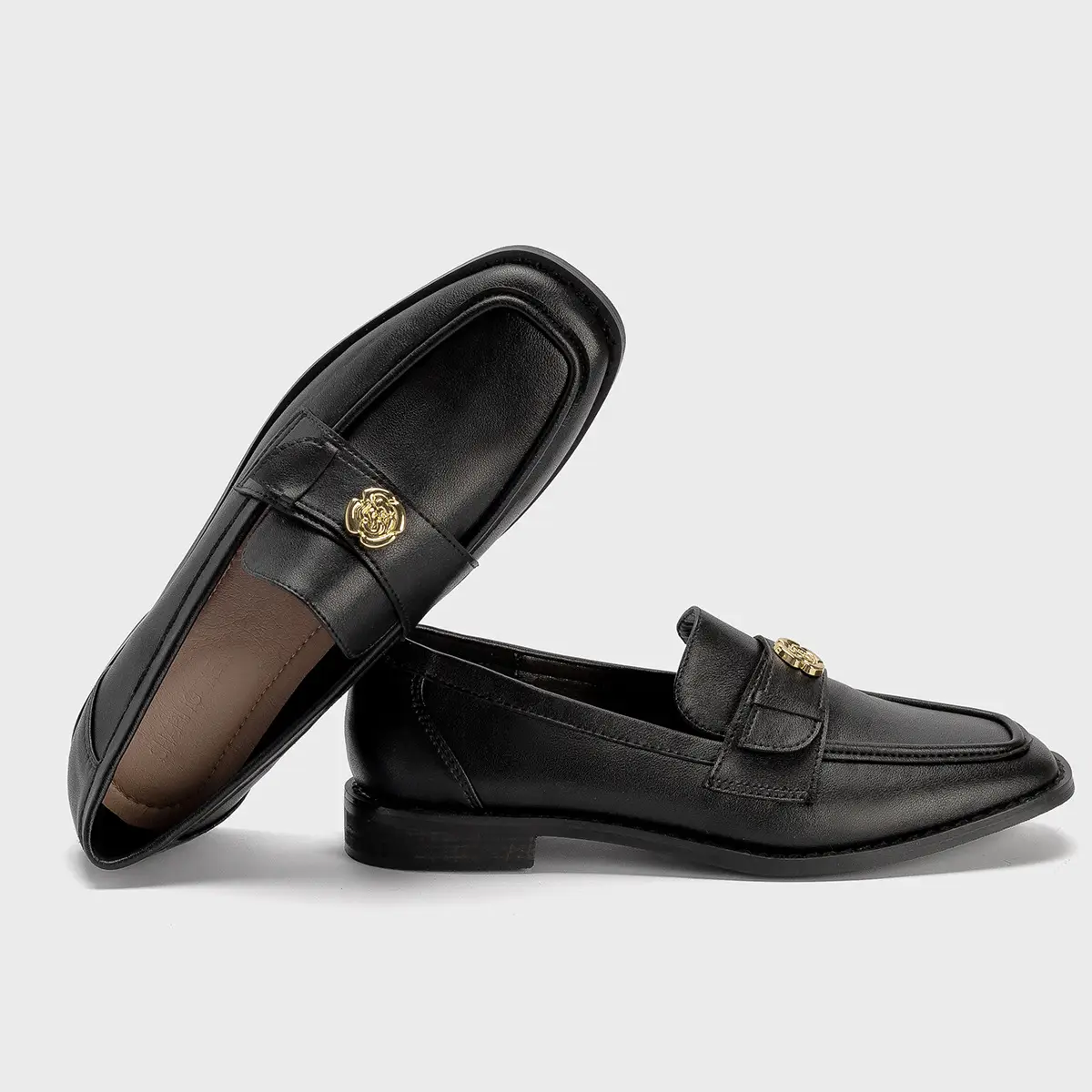 Women's Black Gold Coin Slip-on Loafers Low Heel