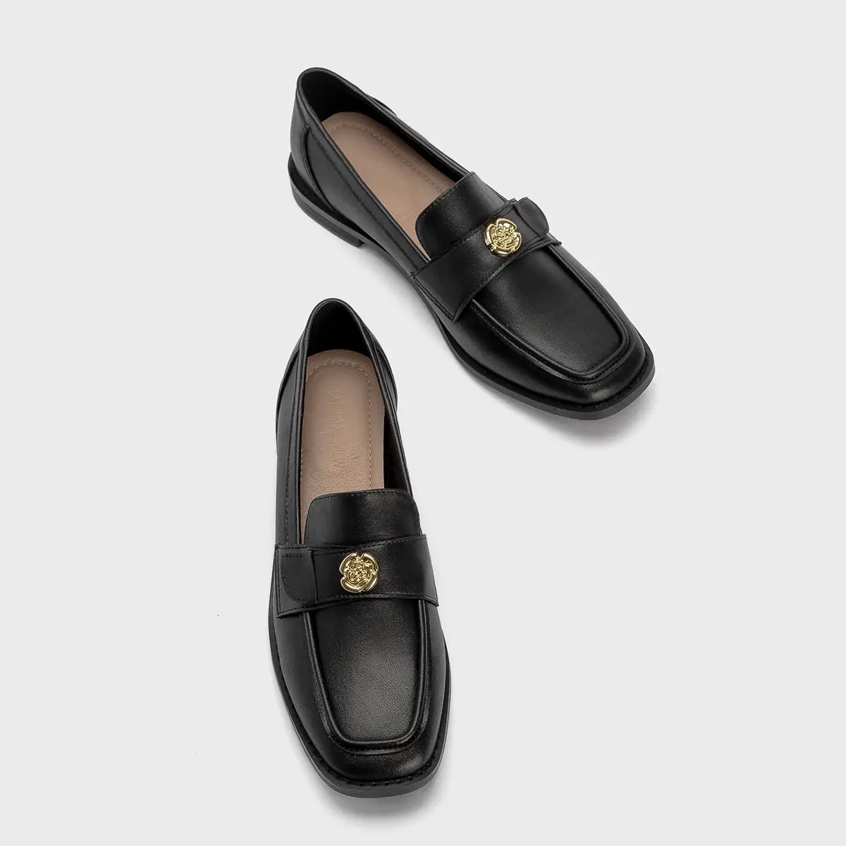 Women's Black Gold Coin Slip-on Loafers Low Heel