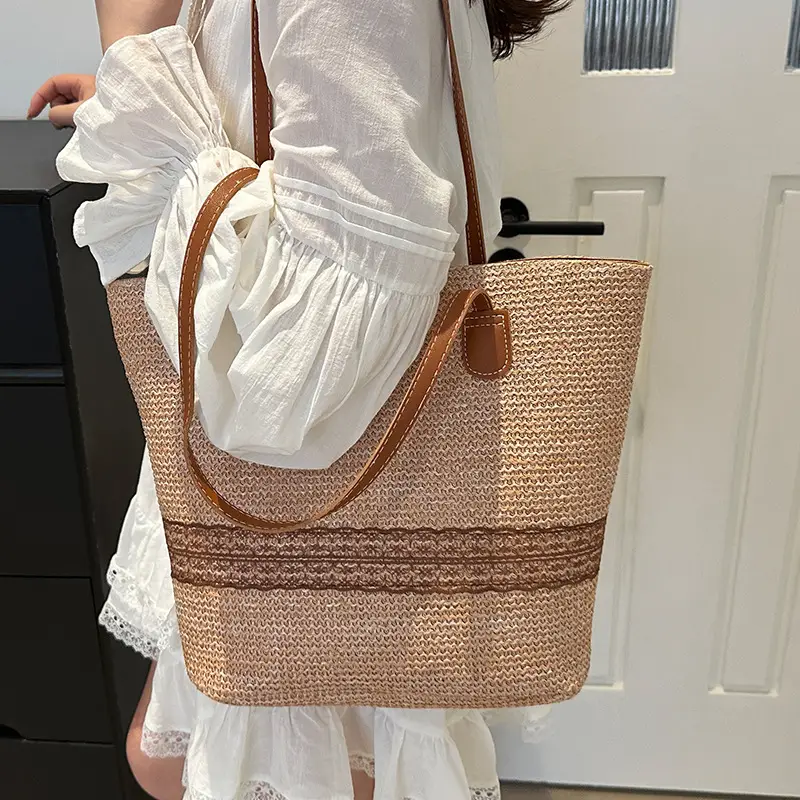 Women's Large Capacity Woven Tote Bag with Brown Strap - Image 3