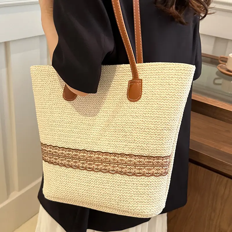 Women's Large Capacity Woven Tote Bag with Brown Strap - Image 4