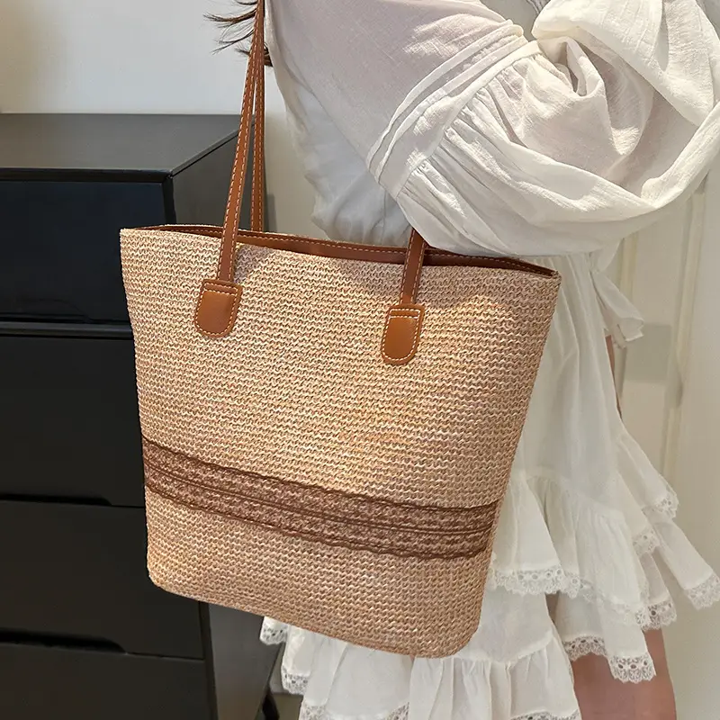 Women's Large Capacity Woven Tote Bag with Brown Strap - Image 5
