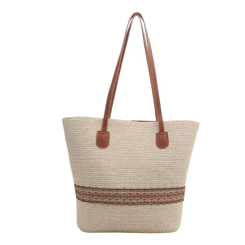 Women's Large Capacity Woven Tote Bag with Brown Strap - Image 7