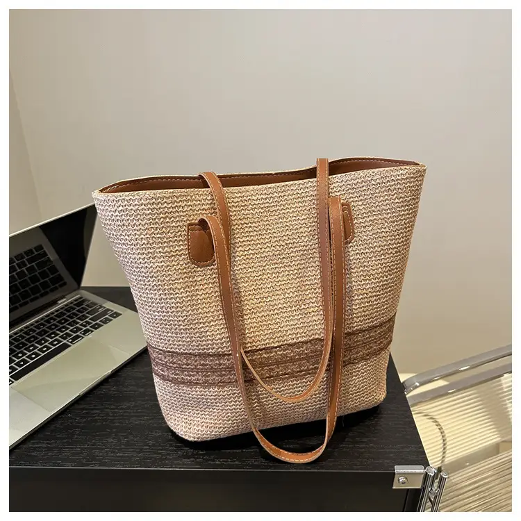 Women's Large Capacity Woven Tote Bag with Brown Strap — feature 10