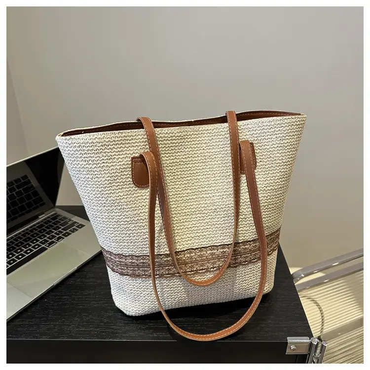 Women's Large Capacity Woven Tote Bag with Brown Strap — feature 11
