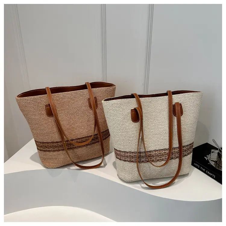 Women's Large Capacity Woven Tote Bag with Brown Strap — feature 12