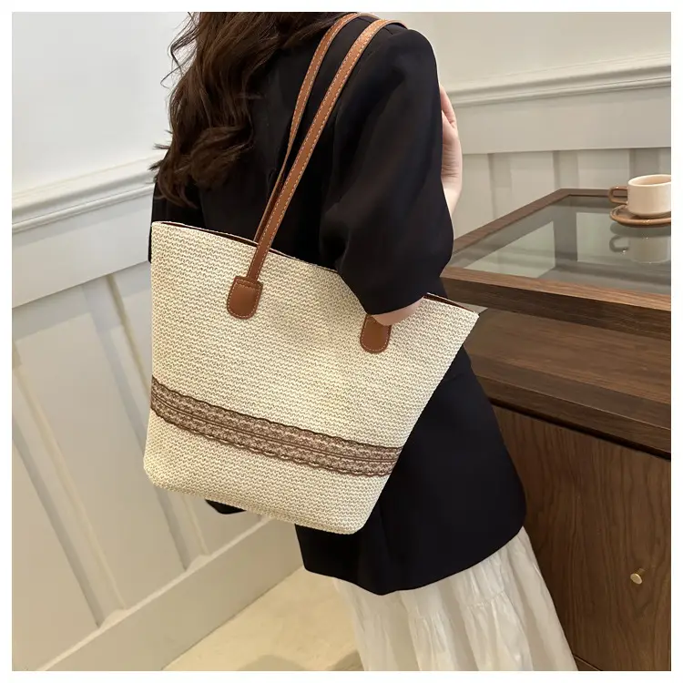 Women's Large Capacity Woven Tote Bag with Brown Strap — feature 13