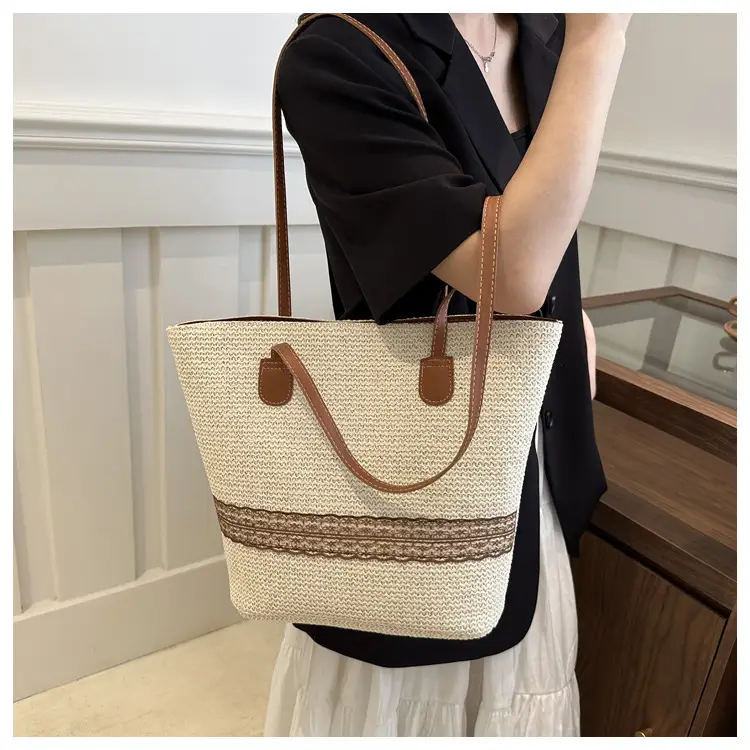 Women's Large Capacity Woven Tote Bag with Brown Strap — feature 14