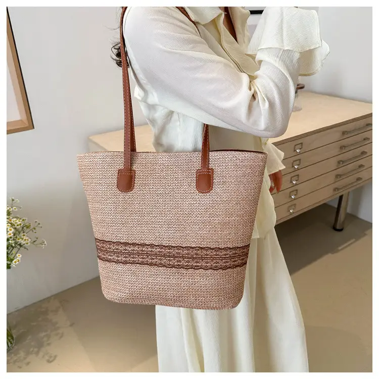 Women's Large Capacity Woven Tote Bag with Brown Strap — feature 17