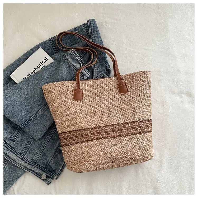 Women's Large Capacity Woven Tote Bag with Brown Strap — feature 7