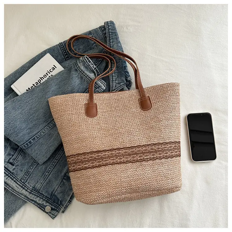 Women's Large Capacity Woven Tote Bag with Brown Strap — feature 8
