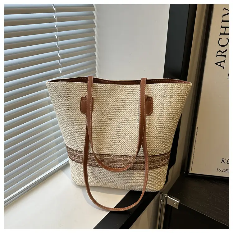 Women's Large Capacity Woven Tote Bag with Brown Strap — feature 9