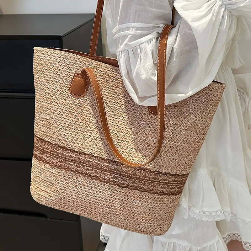 Women's Large Capacity Woven Tote Bag with Brown Strap - Image 2