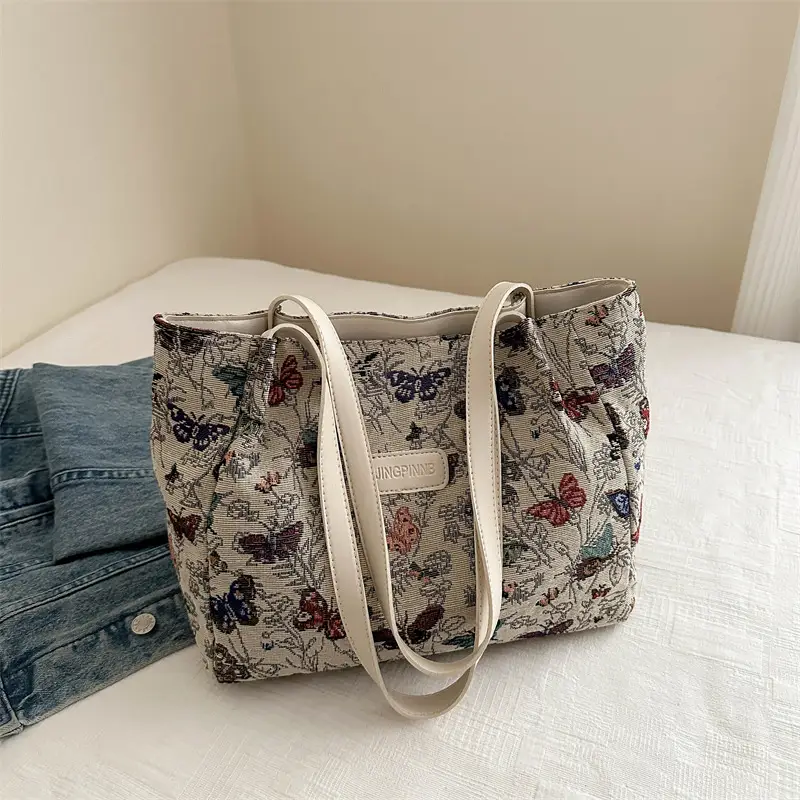 Large Capacity Floral Canvas Shoulder Tote Bag - Image 2
