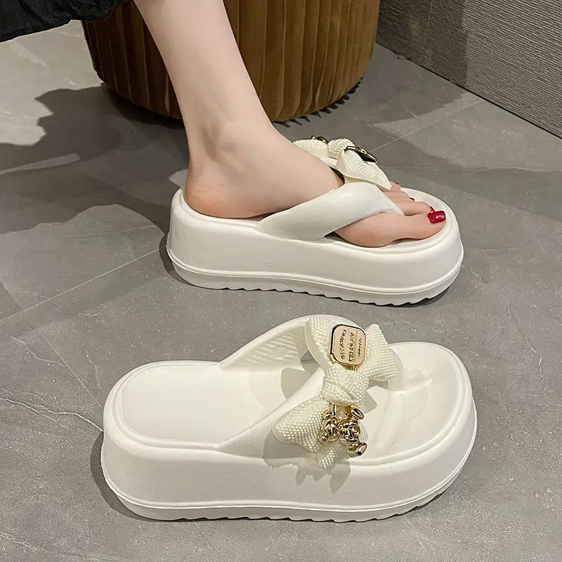 Thick-soled Platform High-heeled Flip-flops for Women, Cute Bow Bear Summer Beach Flip-flops, Non-slip Outer Wear Sandals - Image 4