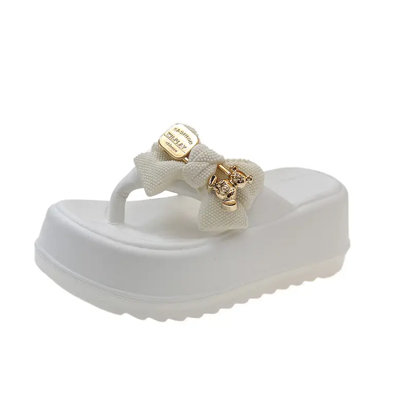 Thick-soled Platform High-heeled Flip-flops for Women, Cute Bow Bear Summer Beach Flip-flops, Non-slip Outer Wear Sandals - Image 7