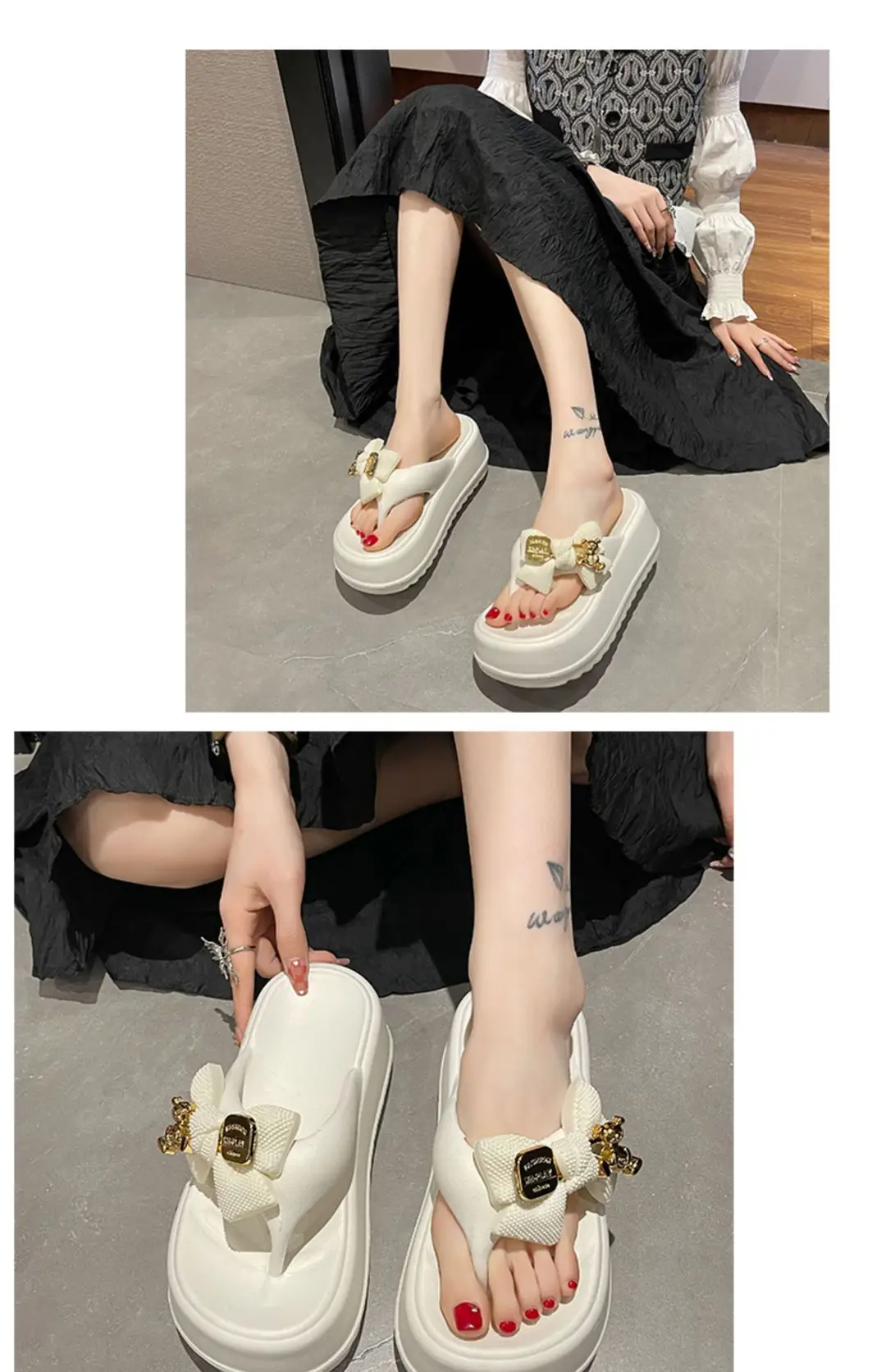 Thick-soled Platform High-heeled Flip-flops for Women, Cute Bow Bear Summer Beach Flip-flops, Non-slip Outer Wear Sandals — feature 12
