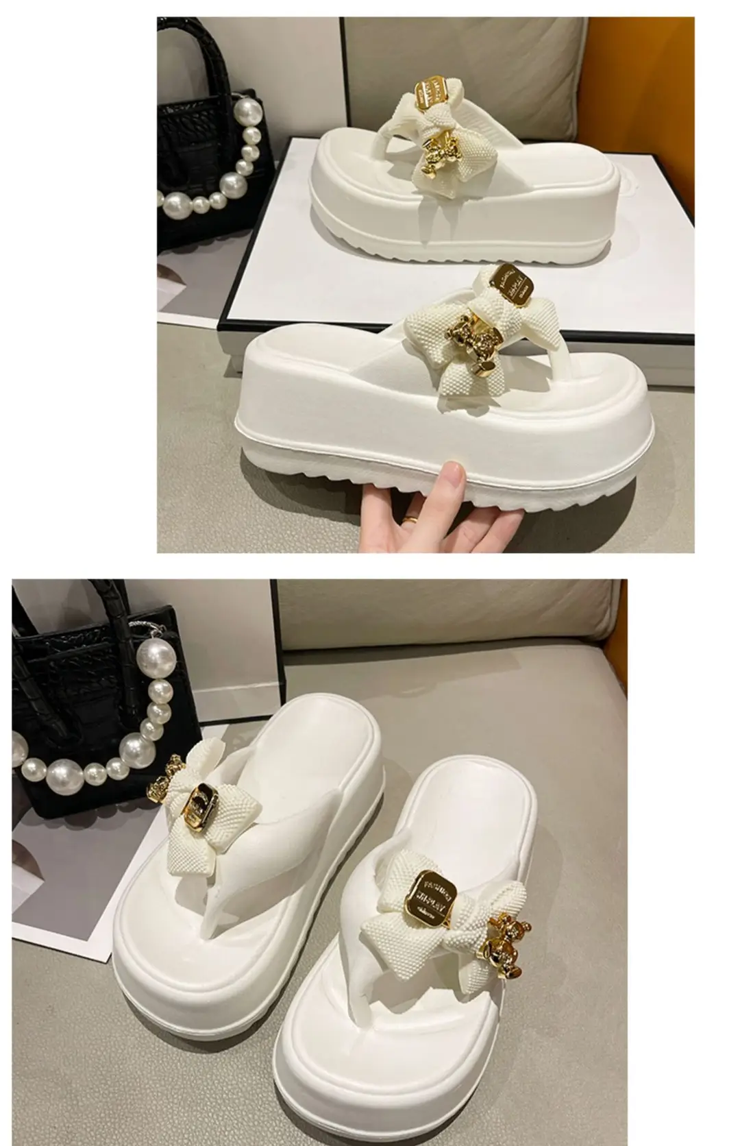 Thick-soled Platform High-heeled Flip-flops for Women, Cute Bow Bear Summer Beach Flip-flops, Non-slip Outer Wear Sandals — feature 18