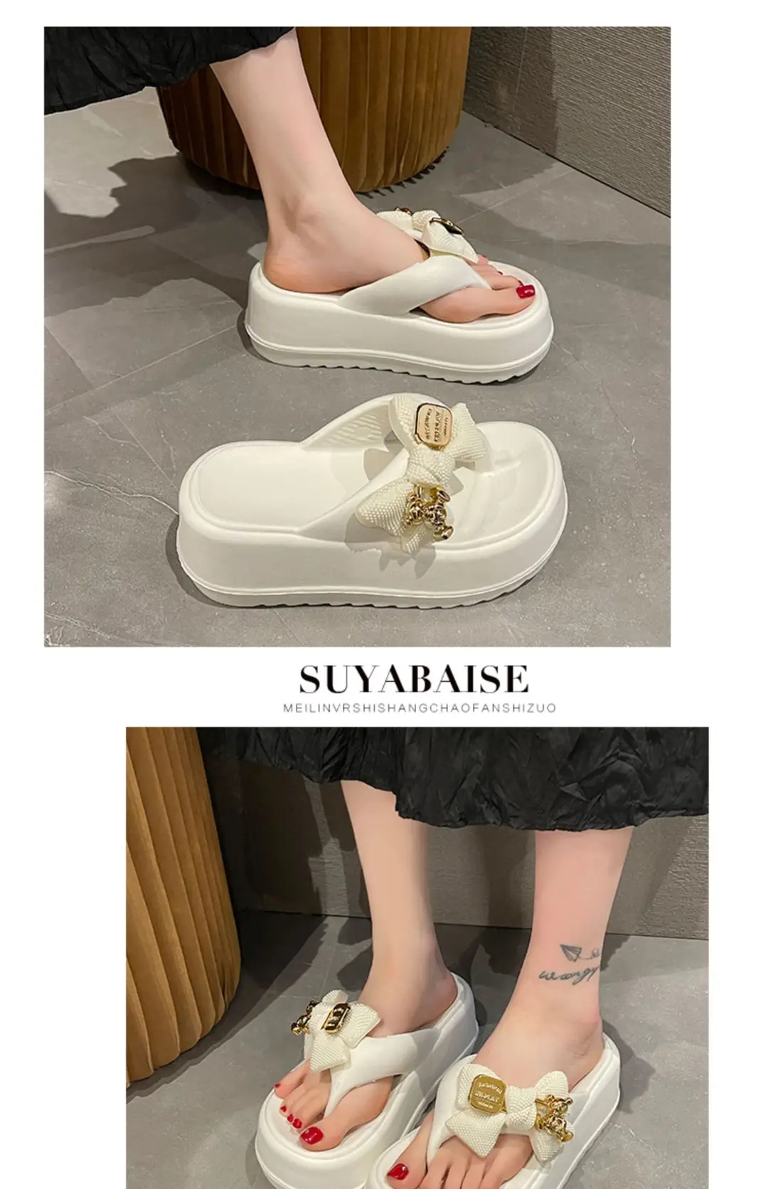 Thick-soled Platform High-heeled Flip-flops for Women, Cute Bow Bear Summer Beach Flip-flops, Non-slip Outer Wear Sandals — feature 6