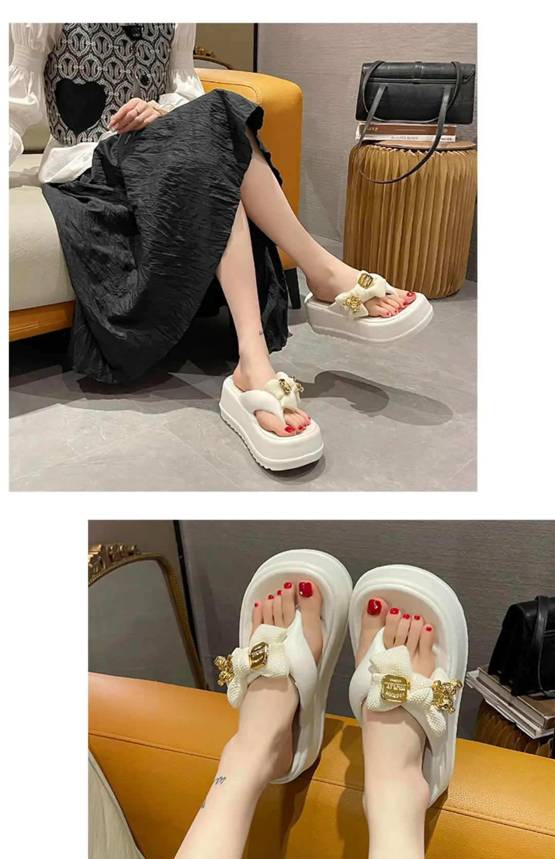 Thick-soled Platform High-heeled Flip-flops for Women, Cute Bow Bear Summer Beach Flip-flops, Non-slip Outer Wear Sandals — feature 8