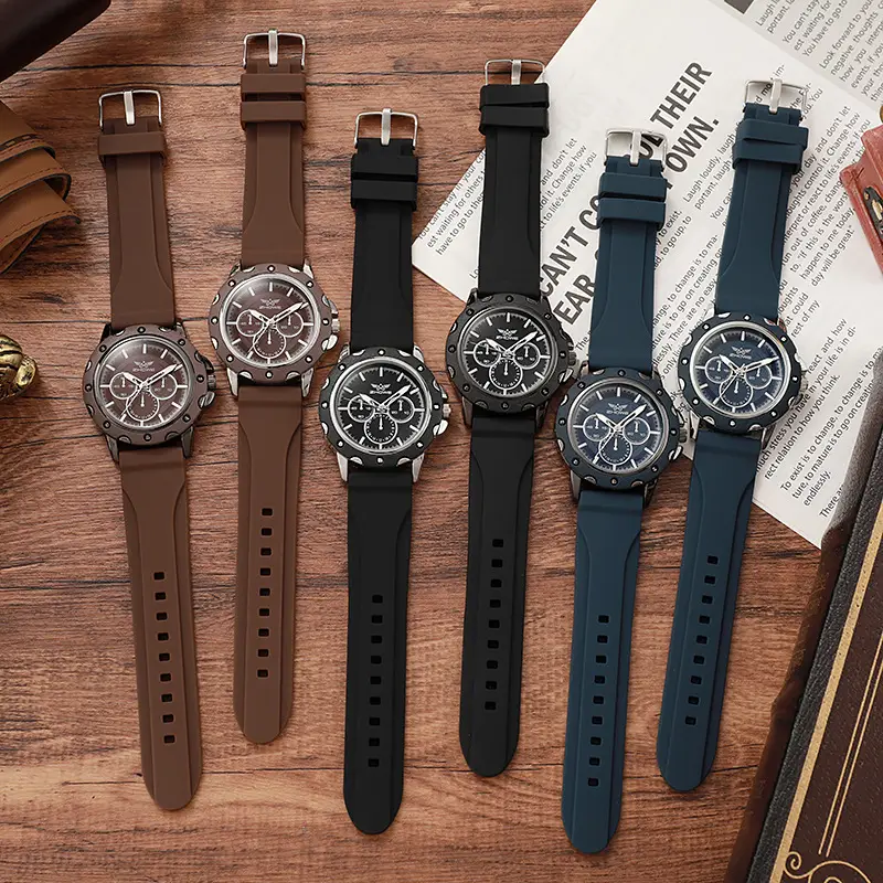 Men's Three-Eye Wormhole Scale Quartz Watch Brown Black Blue - Image 10