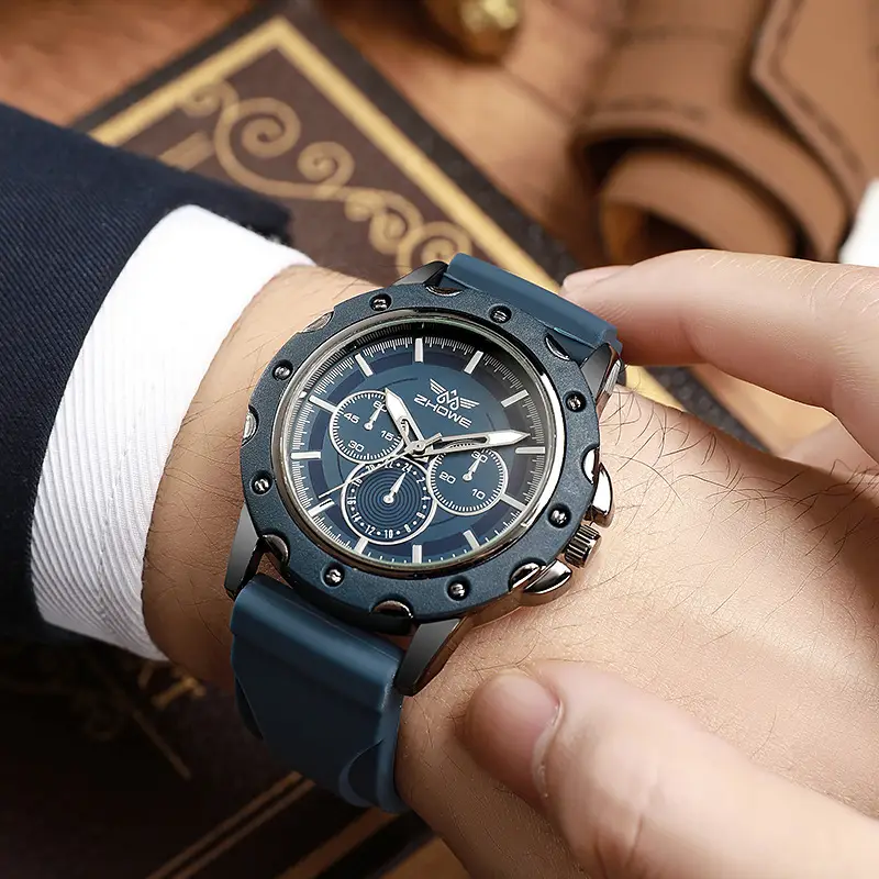 Men's Three-Eye Wormhole Scale Quartz Watch Brown Black Blue — feature 7
