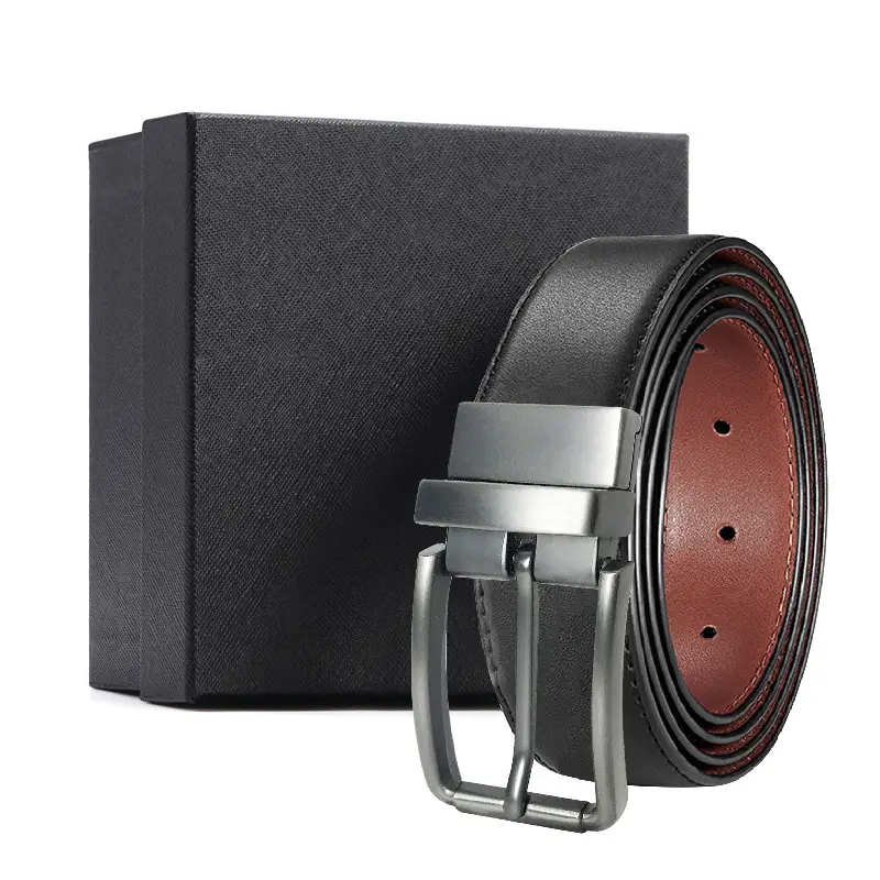 Men's Black Leather Pin Buckle Belt with Gift Box - Image 4