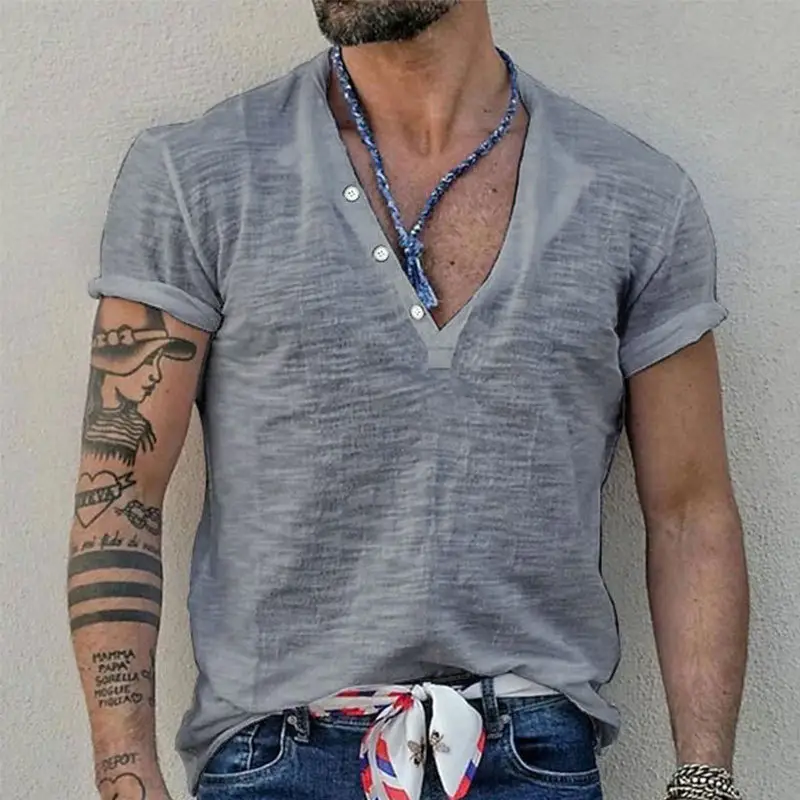 Men's Blue Bamboo Henley T-Shirt Short Sleeve
