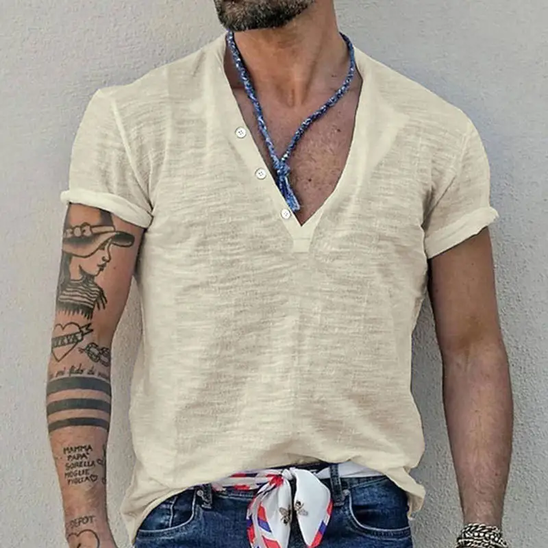 Men's Blue Bamboo Henley T-Shirt Short Sleeve