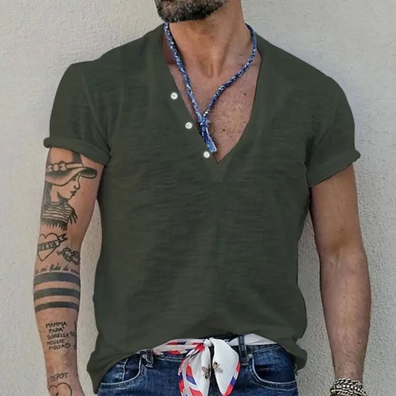 Men's Blue Bamboo Henley T-Shirt Short Sleeve
