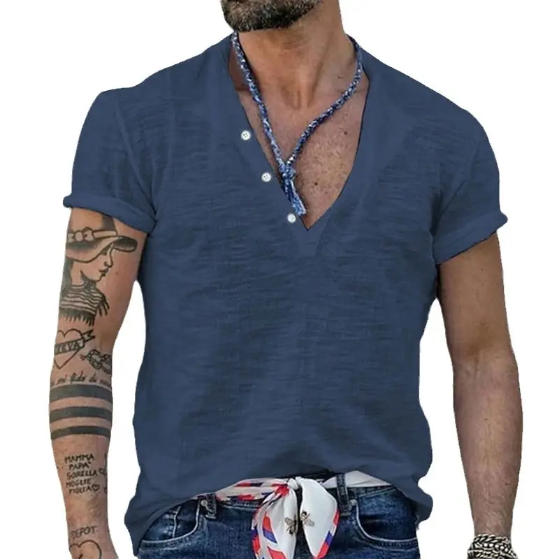 Men's Blue Bamboo Henley T-Shirt Short Sleeve