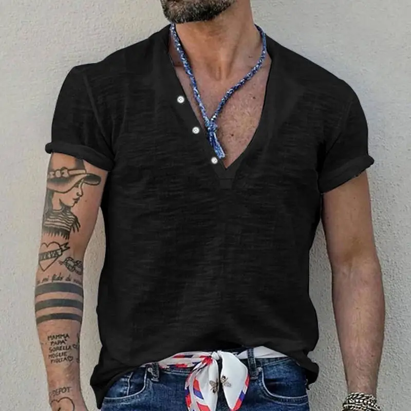 Men's Blue Bamboo Henley T-Shirt Short Sleeve — feature 12