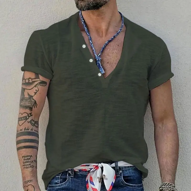Men's Blue Bamboo Henley T-Shirt Short Sleeve — feature 25