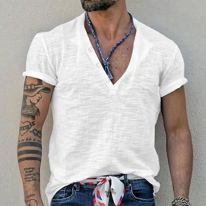 Men's Blue Bamboo Henley T-Shirt Short Sleeve — feature 3