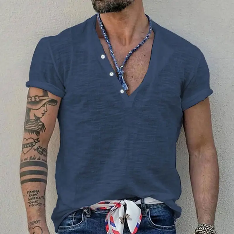 Men's Blue Bamboo Henley T-Shirt Short Sleeve — feature 35