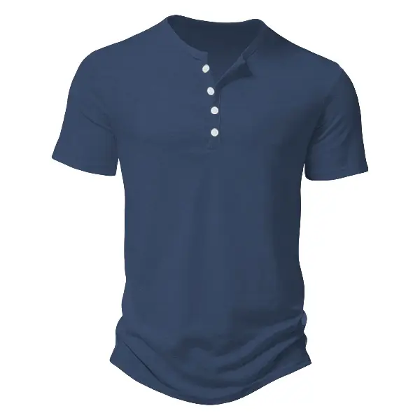 Men's Blue Bamboo Henley T-Shirt Short Sleeve
