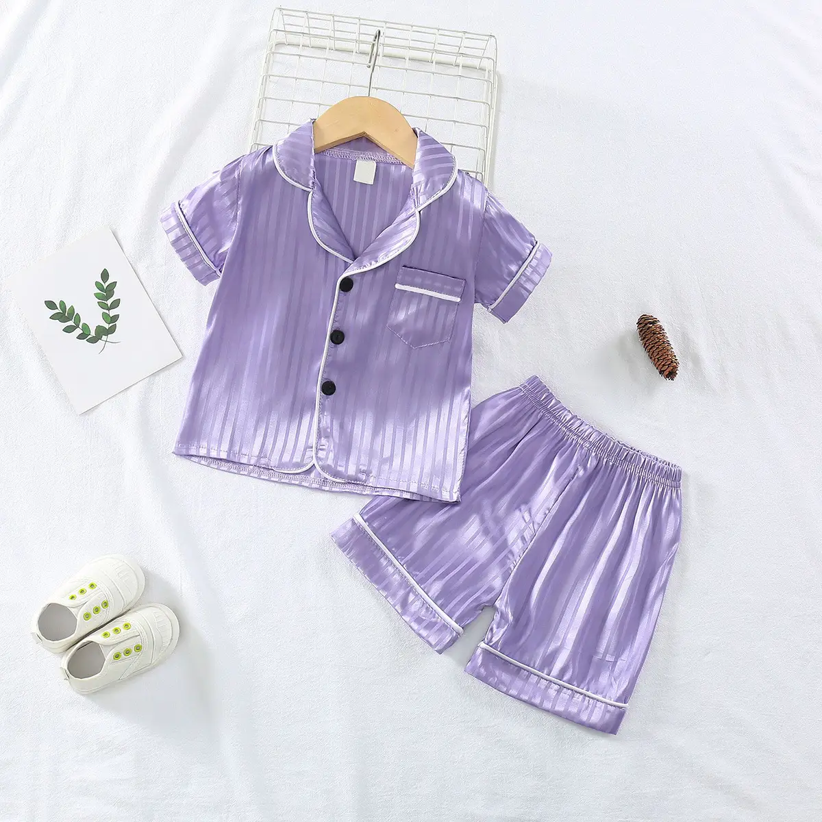Pink Striped Baby Pajamas Set with Shoes - Image 2