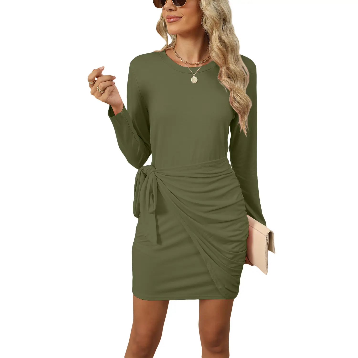 Women's Olive Green Belt Knot Long Sleeve Dress - Image 4