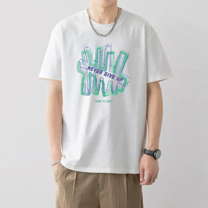 Men Printed Cotton T-Shirt White Loose Fit Summer - Image 18