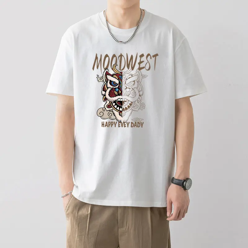 Men Printed Cotton T-Shirt White Loose Fit Summer - Image 2