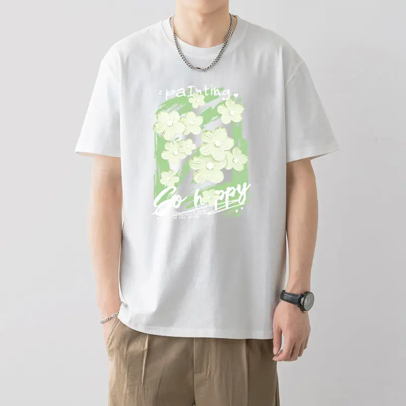Men Printed Cotton T-Shirt White Loose Fit Summer - Image 20