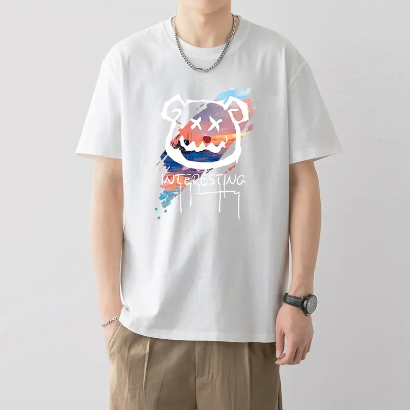 Men Printed Cotton T-Shirt White Loose Fit Summer - Image 4