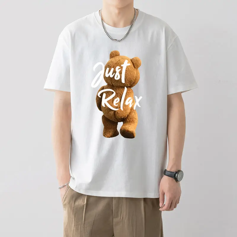 Men Printed Cotton T-Shirt White Loose Fit Summer - Image 6