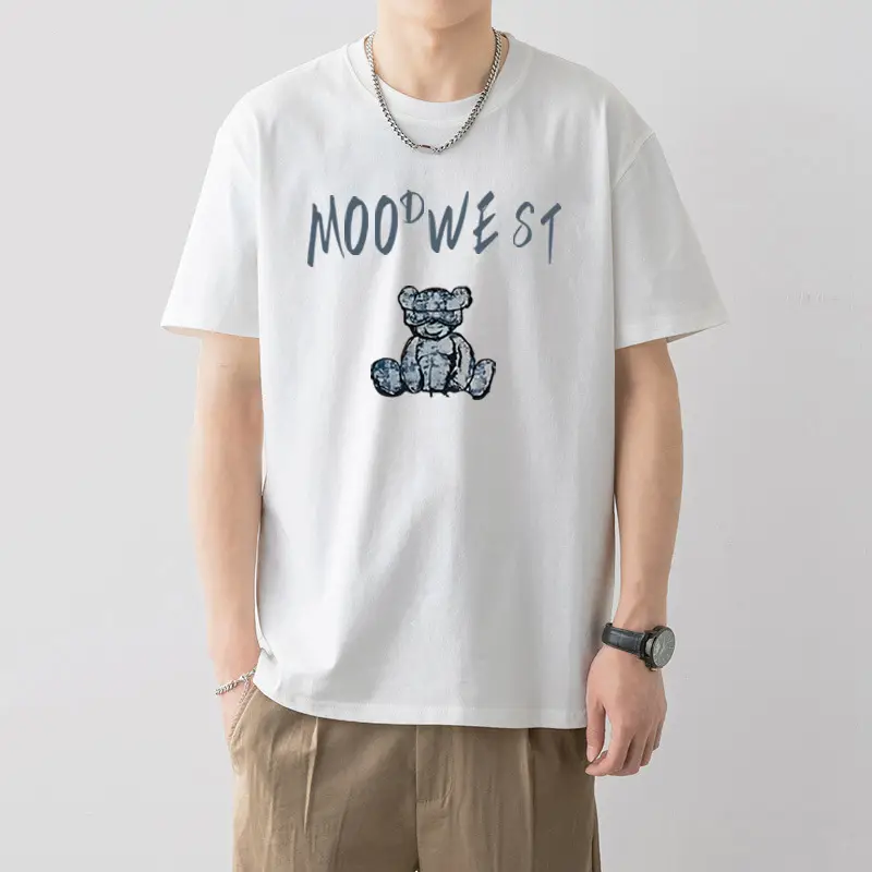Men Printed Cotton T-Shirt White Loose Fit Summer - Image 8