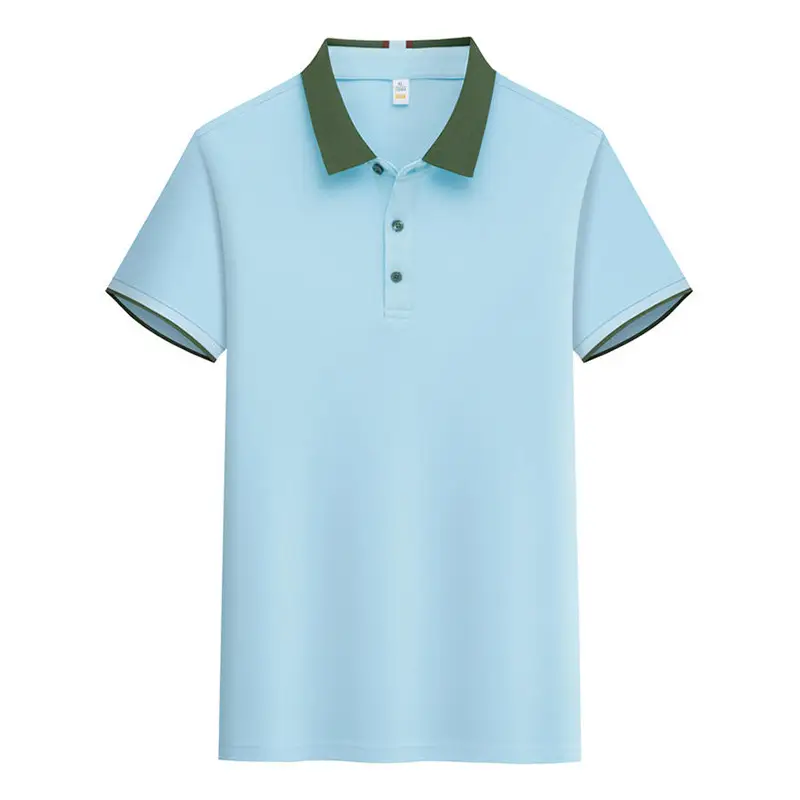 Men's Light Blue Polo Shirt with Green Lapel - Image 15