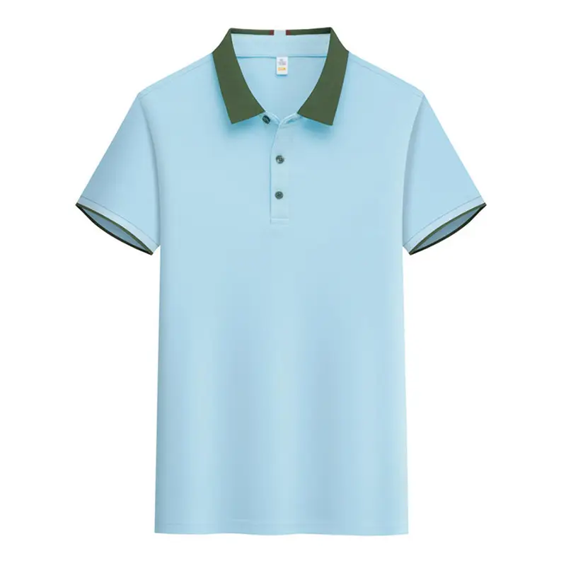 Men's Light Blue Polo Shirt with Green Lapel - Image 10