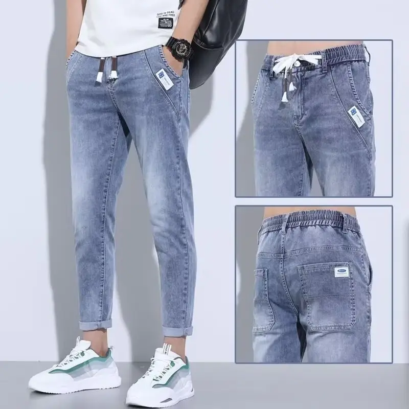 Men Denim Cropped Jeans Blue Stretch Casual Pants