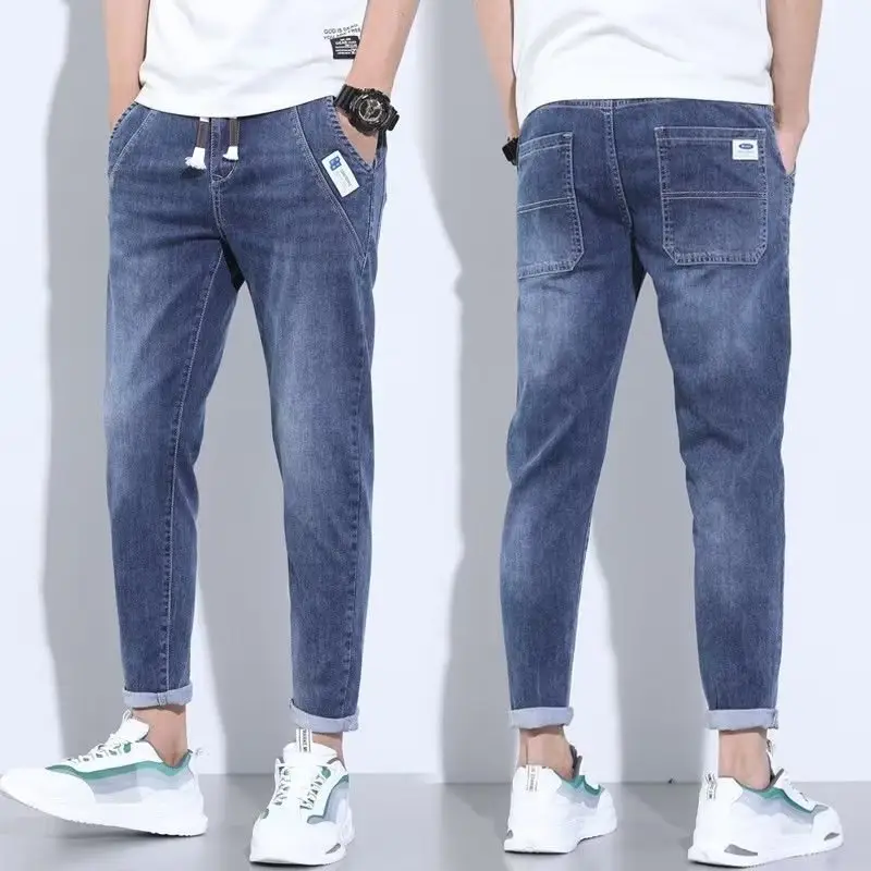 Men Denim Cropped Jeans Blue Stretch Casual Pants