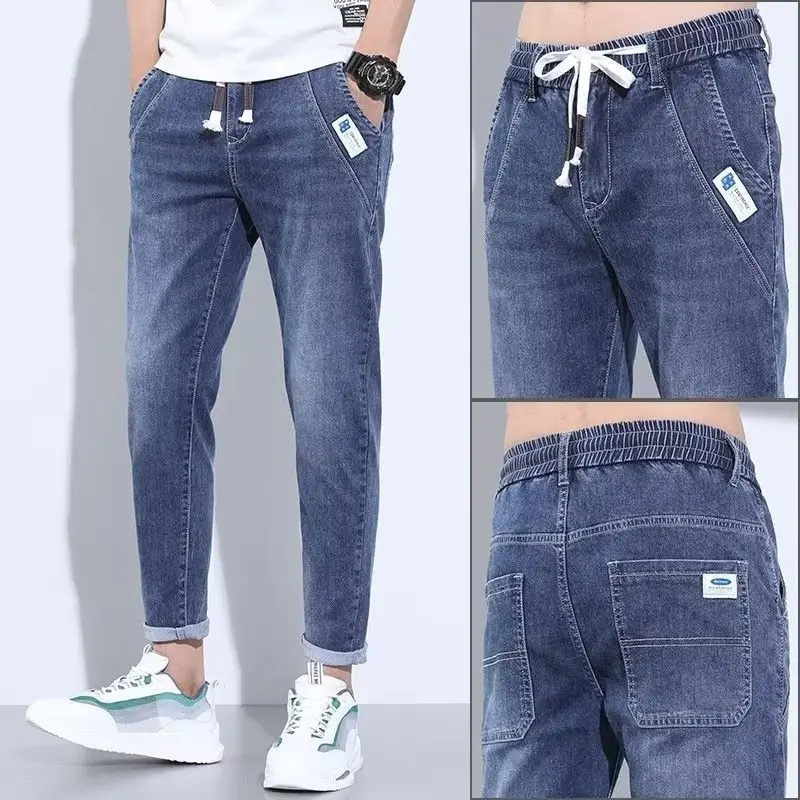 Men Denim Cropped Jeans Blue Stretch Casual Pants