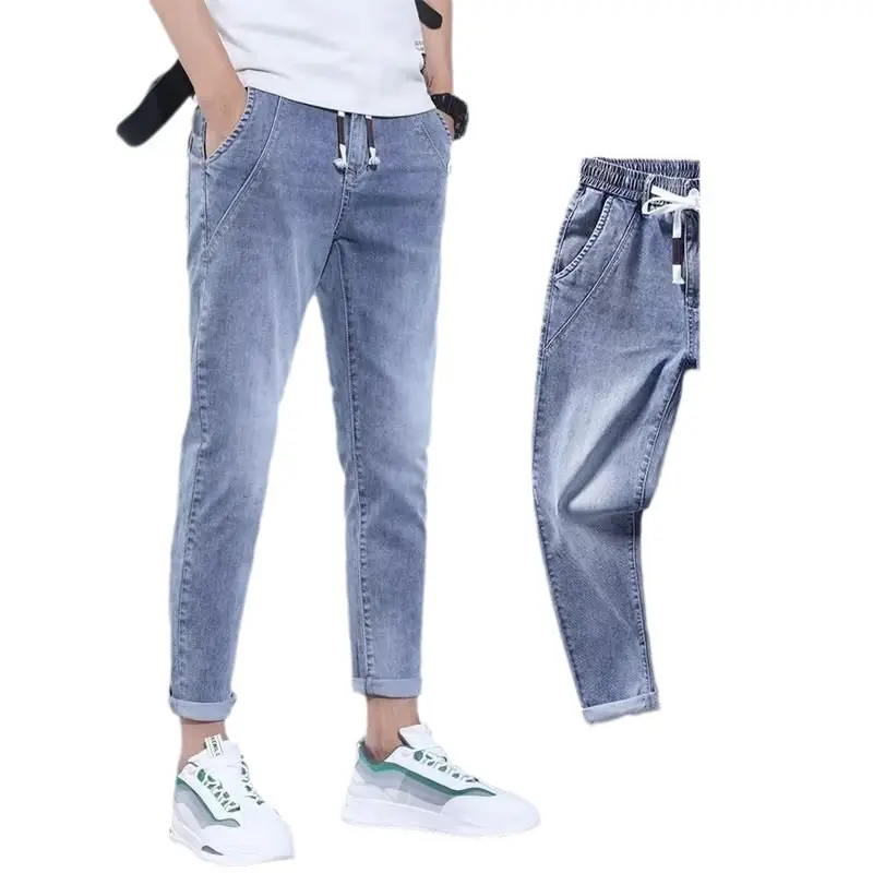 Men Denim Cropped Jeans Blue Stretch Casual Pants
